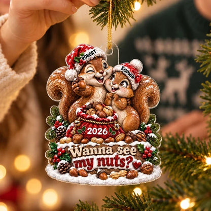 Personalized Acrylic Ornament with Cuddling Christmas Squirrels, Creative Gift for Couples