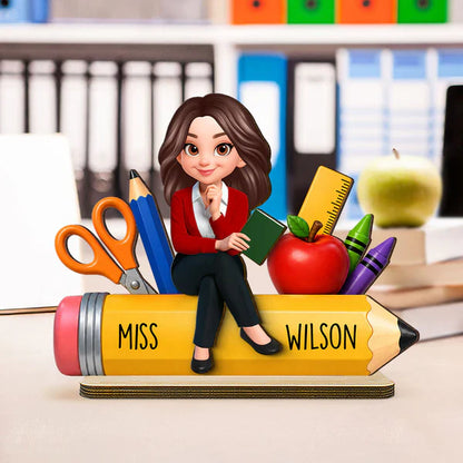 Personalized Wooden Plaque, Teacher Sitting on Pencil Classroom Decor, Unique Creative Gift for Teacher