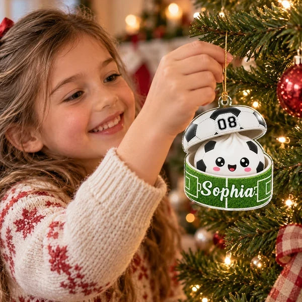 Personalized Acrylic Ornament, Cheerful Soccer Ball in a Gift Box, Creative Gift for Kids and Soccer Players