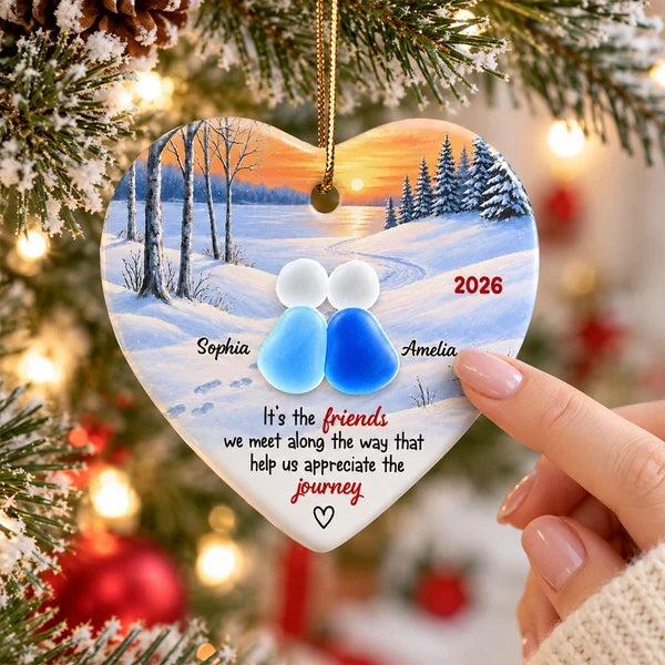 Personalized Heart Ornament, Friends Sitting Together at a Winter Sunset, Unique Christmas Gift for a Close Friend