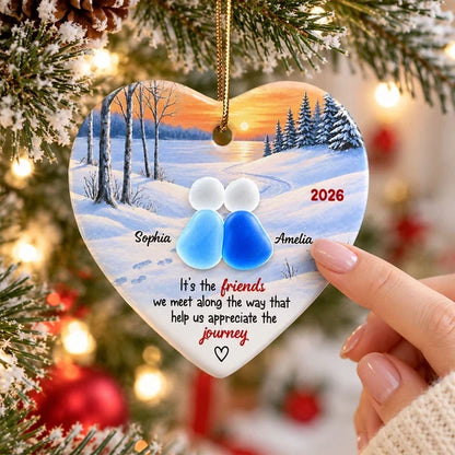 Personalized Heart Ornament, Friends Sitting Together at a Winter Sunset, Unique Christmas Gift for a Close Friend