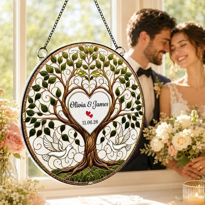 Personalized Acrylic Suncatcher Ornament, Flying Doves & Tree of Life, Unique Wedding Gift for Couples