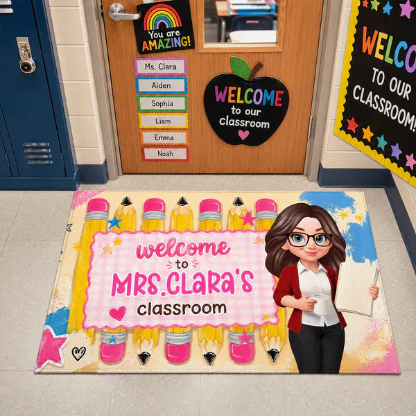 Personalized Standard Doormat With Pastel Pencils & Cartoon Teacher, Creative Gift For Classroom Entry