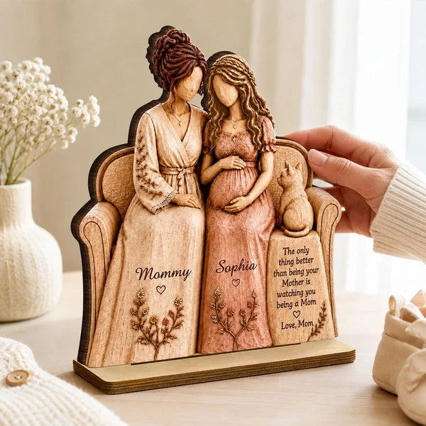 Personalized 2-Layer Wooden Plaque, Seated Mother and Pregnant Daughter, Heartfelt Creative Gift for New Mom