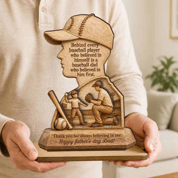 Baseball Dad Wooden Plaque, Custom Keepsake with Kneeling Coaching Scene, Creative Gift for Dad