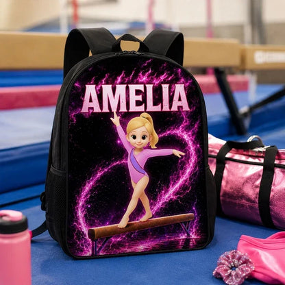 Kids School Backpack with Neon Gymnast Art, Unique Creative Gift to Cheer Daughter & Granddaughter