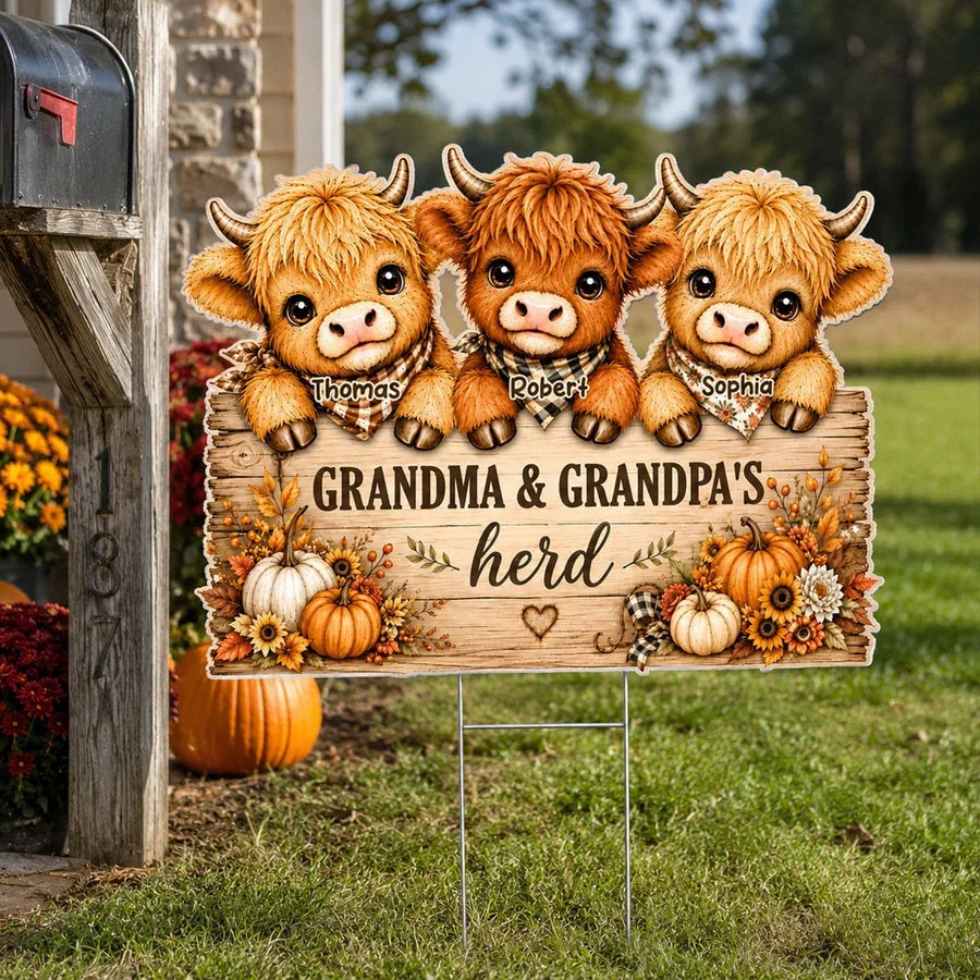 Personalized Grandma & Grandpa's Herd Shaped Yard Sign, Cows Peeking in Autumn, Creative Family Gift