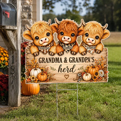 Personalized Grandma & Grandpa's Herd Shaped Yard Sign, Cows Peeking in Autumn, Creative Family Gift