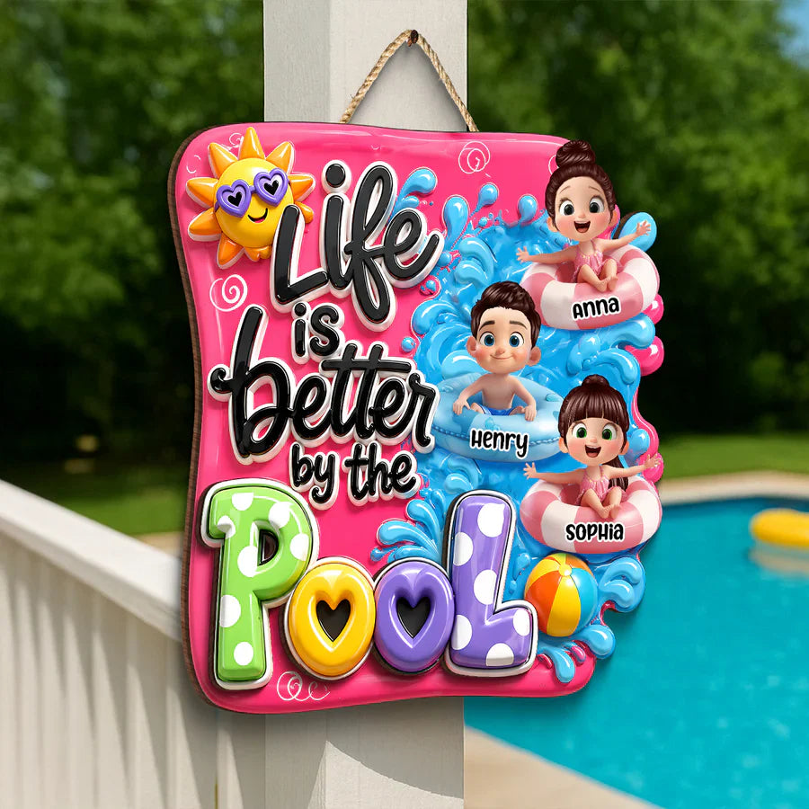 Personalized Pool Kids Wooden Sign, Cute Summer Yard Decor, Unique Gift for Grandparents