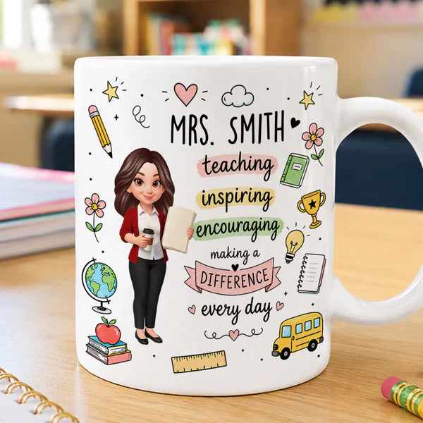 Personalized Ceramic Mug for Teacher, Cute Teacher Illustration & School Icons, Unique Back-to-School Gift