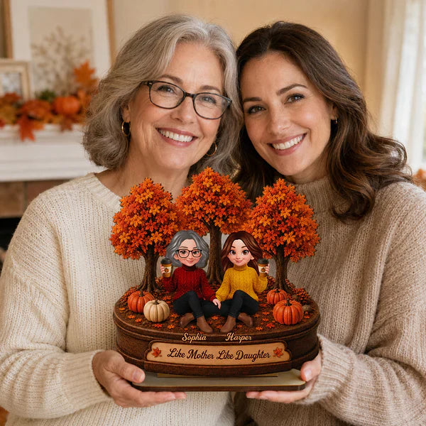 2-Layer Wooden Plaque, Autumn Trees & Seated Coffee Scene, Warm Custom Style, Unique Creative Gift