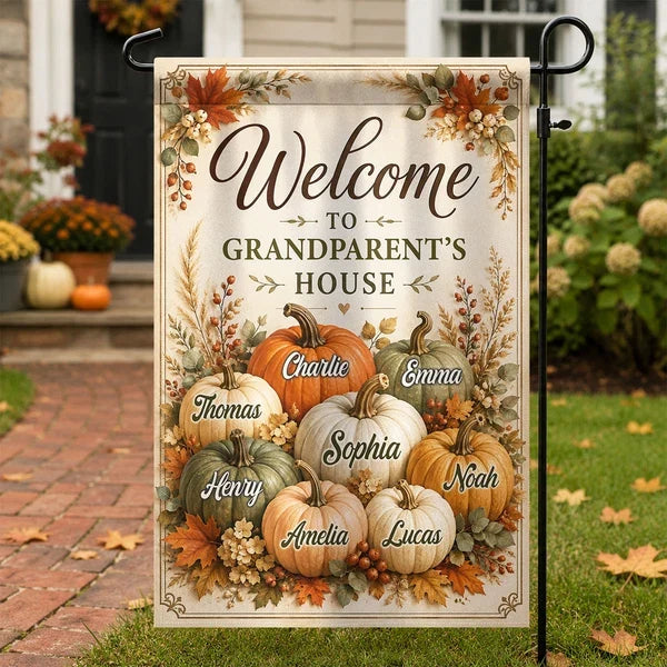 Personalized Garden Flag, Fall Pumpkin Yard Decor with Welcome to Grandparents' House, Unique Gift for Grandma & Grandpa