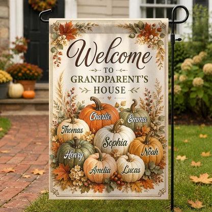 Personalized Garden Flag, Fall Pumpkin Yard Decor with Welcome to Grandparents' House, Unique Gift for Grandma & Grandpa