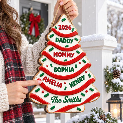 Personalized Family Christmas Tree Cake Wooden Sign, Custom Front Door Decor, Creative Gift for Families