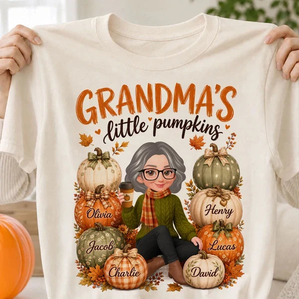 Grandma's Little Pumpkins Sweatshirt, Personalized Cartoon Grandma with Coffee, Creative Family Gift for Grandma