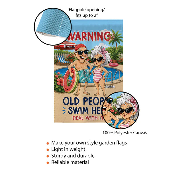 Warning Old People Swim Here Personalized Garden Flag, Funny Pool Patio Decor, Creative Gift for Grandparents