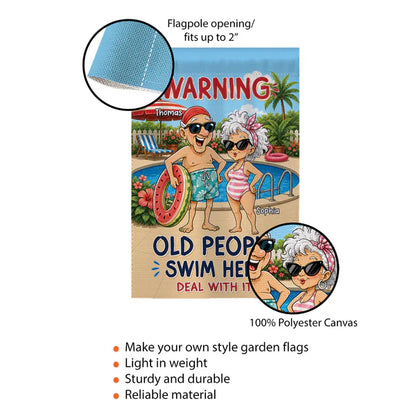 Warning Old People Swim Here Personalized Garden Flag, Funny Pool Patio Decor, Creative Gift for Grandparents