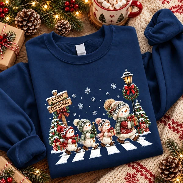 Personalized Sweatshirt, Grandma and Grandkids Walking on a Snowy Street, Unique Christmas Gift for Grandma