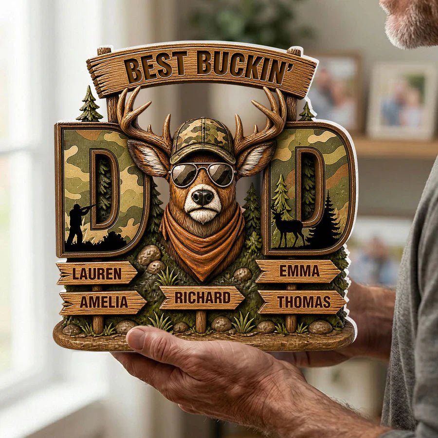 Personalized Shaped Acrylic Block Plaque with Camo Buck & Hunter Silhouette, Unique Gift for Dad