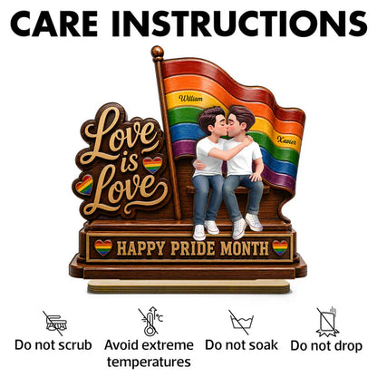 Personalized 2-Layer Wooden Plaque, LGBTQ Couple Kissing by Rainbow Flag, Unique Pride Month Gift