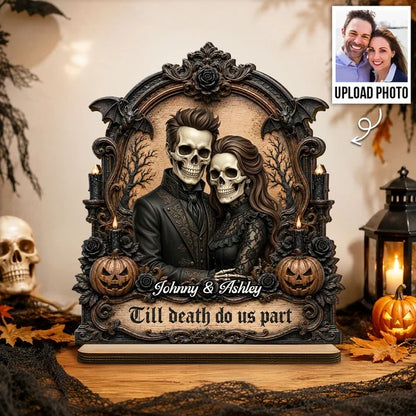 Personalized 2-Layer Wooden Plaque, Embracing Skeleton Couple, Unique Gothic Halloween Gift for Couples