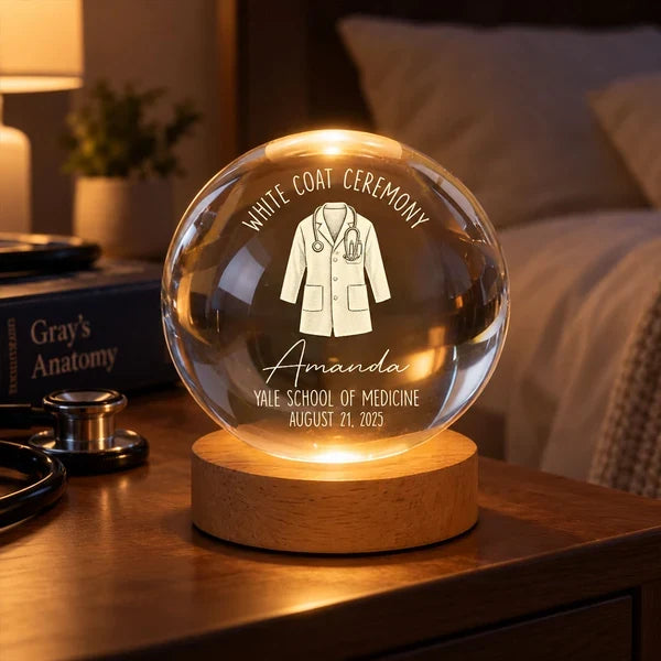 Personalized Globe Lamp with White Coat Illustration, Warm Amber Keepsake, Unique Gift for Future Doctor