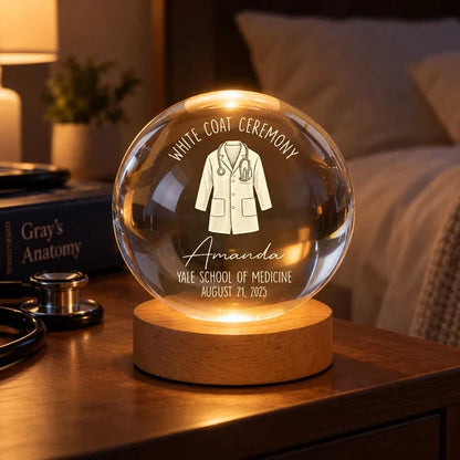 Personalized Globe Lamp with White Coat Illustration, Warm Amber Keepsake, Unique Gift for Future Doctor