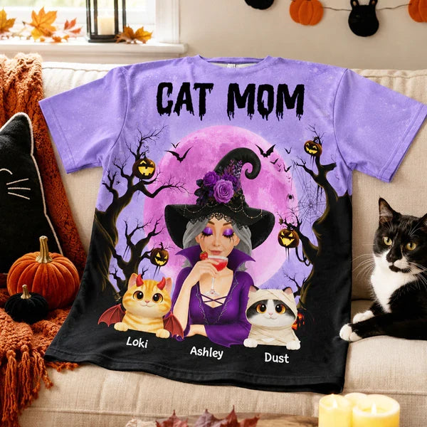 Personalized Cat Mom Printed Classic Tee, Witch and Cats Under Purple Moon, Creative Halloween Gift for Cat Lovers