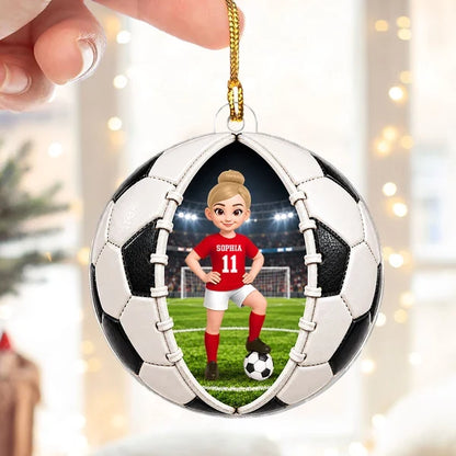 Personalized Acrylic Ornament, Girl Soccer Player Posing in Stadium, Unique Christmas Gift for Daughter