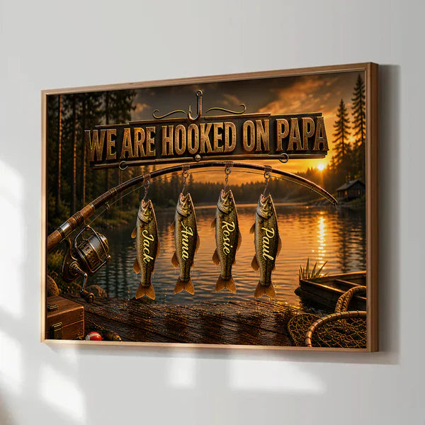 Fishing Rod Sunset Lake Poster, We Are Hooked On Papa, Unique Gift For Dad