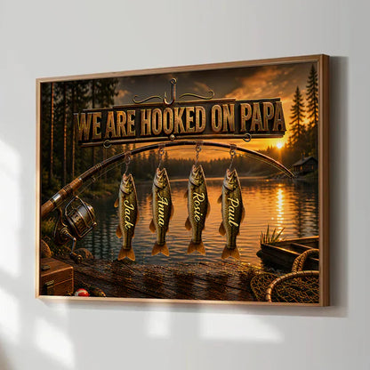 Fishing Rod Sunset Lake Poster, We Are Hooked On Papa, Unique Gift For Dad