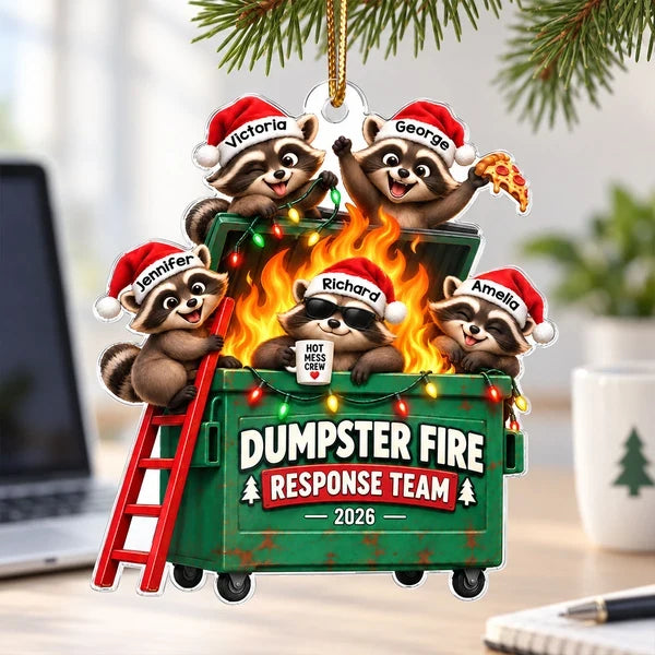 Personalized Acrylic Ornament, Raccoons Tackling a Dumpster Fire, Unique Funny Christmas Gift for Coworkers