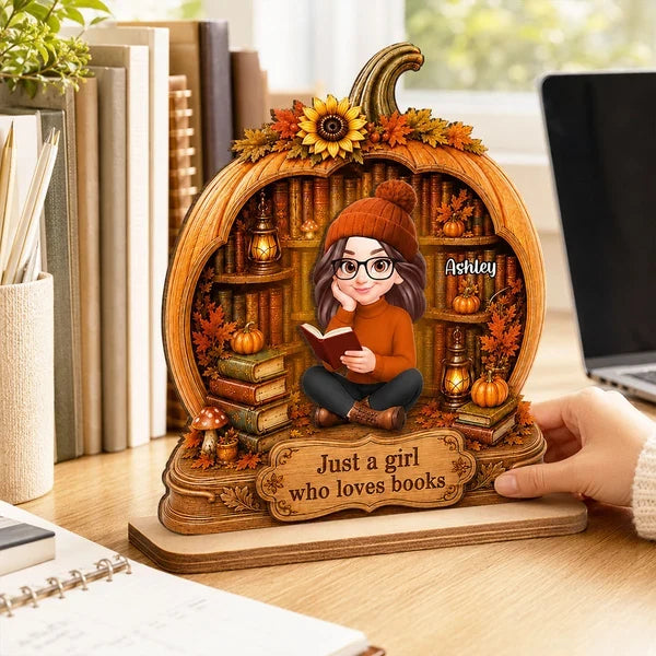 Personalized 2-Layer Wooden Plaque, Woman Reading in an Autumn Pumpkin Library, Unique Gift for Book Lovers