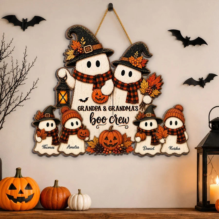 Personalized Grandpa and Grandma's Boo Crew Wooden Sign, Vintage Ghost Family Decor, Creative Gift for Grandparents