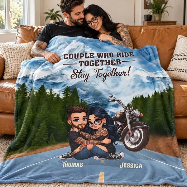 Personalized Fleece Blanket with Hugging Biker Couple at Sunset, Creative Unique Gift for Motorcycle Partners