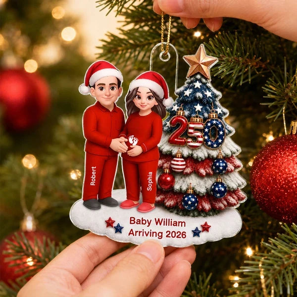 Personalized Acrylic Ornament, Expecting Couple Holding Baby Bump by Christmas Tree, Unique Gift for Parents
