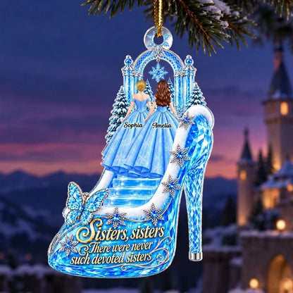 Personalized Acrylic Ornament, Sisters Standing by a Snowy Palace in a Princess Heel, Unique Christmas Gift for Sister