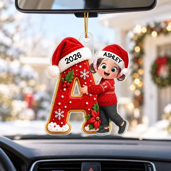 Acrylic Ornament with Joyful Girl Hugging a Letter, Personalized Christmas Keepsake, Creative Gift for Granddaughter