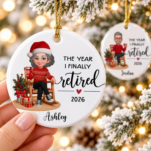 Personalized Ceramic Ornament, Retired Woman Holding a Mug in a Christmas Rocking Chair Scene, Unique Gift
