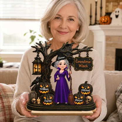 Personalized Wooden Plaque, Grandma Witch With Grandkids Jack-O'-Lanterns, Unique Halloween Gift for Grandma