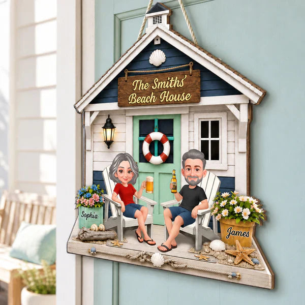 Personalized Wooden Sign with Sitting Beach House Couple, Coastal Decor, Unique Gift for Couples