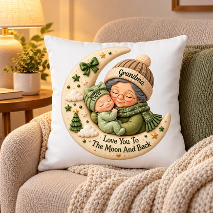 Personalized Square Pillow with Hugging Grandma and Baby on a Christmas Moon, Unique Gift for Grandma