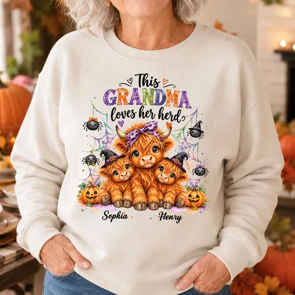 Personalized Grandma Loves Her Herd Sweatshirt, Cute Highland Cows and Spiders, Creative Halloween Gift