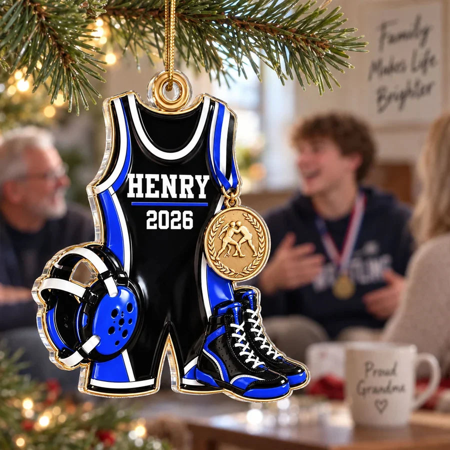 Personalized Wrestling Acrylic Ornament with Gear and Medal, Creative Christmas Gift for Son