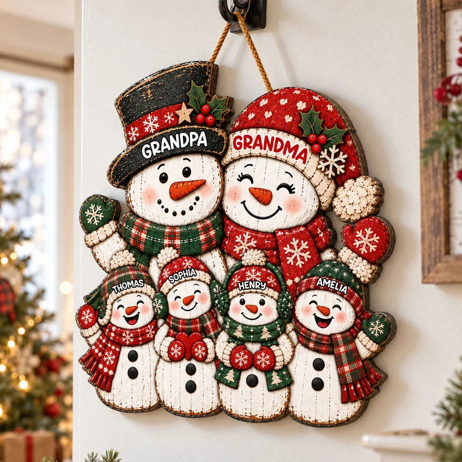 Personalized Wooden Sign, Festive Snowman Family Door Decor, Unique Christmas Gift for Grandparents