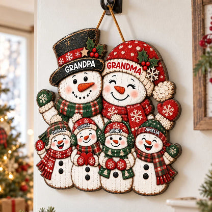 Personalized Wooden Sign, Festive Snowman Family Door Decor, Unique Christmas Gift for Grandparents