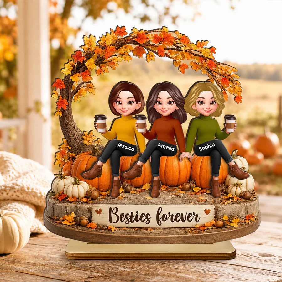 Personalized 2-Layer Wooden Plaque, Sitting Friends With Coffee, Autumn Pumpkin Scene, Unique Gift For Close Friends