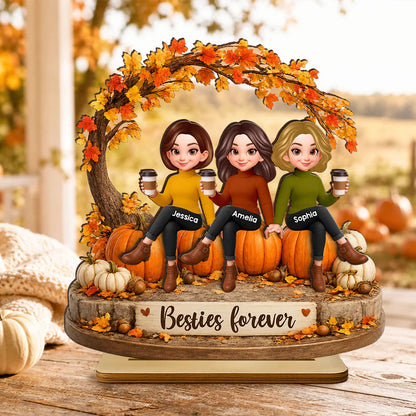Personalized 2-Layer Wooden Plaque, Sitting Friends With Coffee, Autumn Pumpkin Scene, Unique Gift For Close Friends