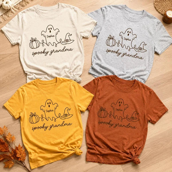 Personalized Spooky Grandma Classic Tee with Ghost Pumpkin and Witch Hat, Unique Halloween Gift for Grandma