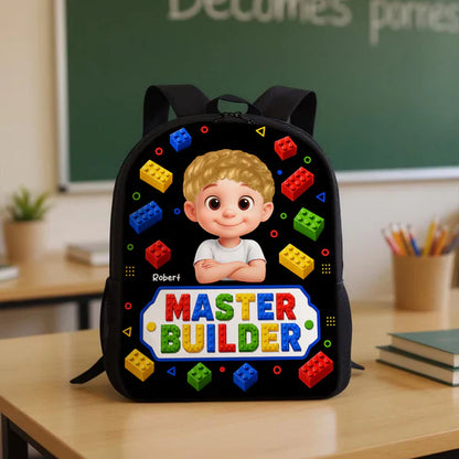 Personalized Kids School Backpack With Smiling Cartoon Child & Colorful Block Art, Creative Gift for Boys & Girls